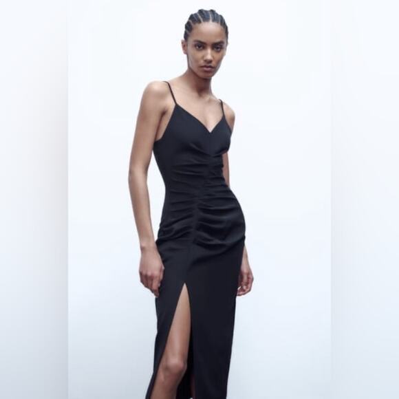 ZARA Black MIDI STRAPPY CAMISOLE DRESS GATHERING SLIT BLACK Size Small - Picture 3 of 9